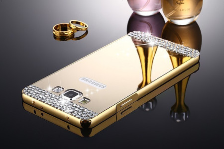 Твърди гърбове Твърди гърбове за Samsung Луксозен алуминиев бъмпър с огледален гръб и 3D камъни златист за Samsung Galaxy J5 2016 J510F 